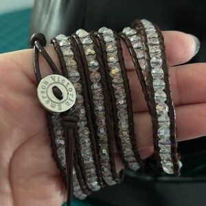 Victoria Emerson Clear crystal Black Leather Wrap around Bracelet